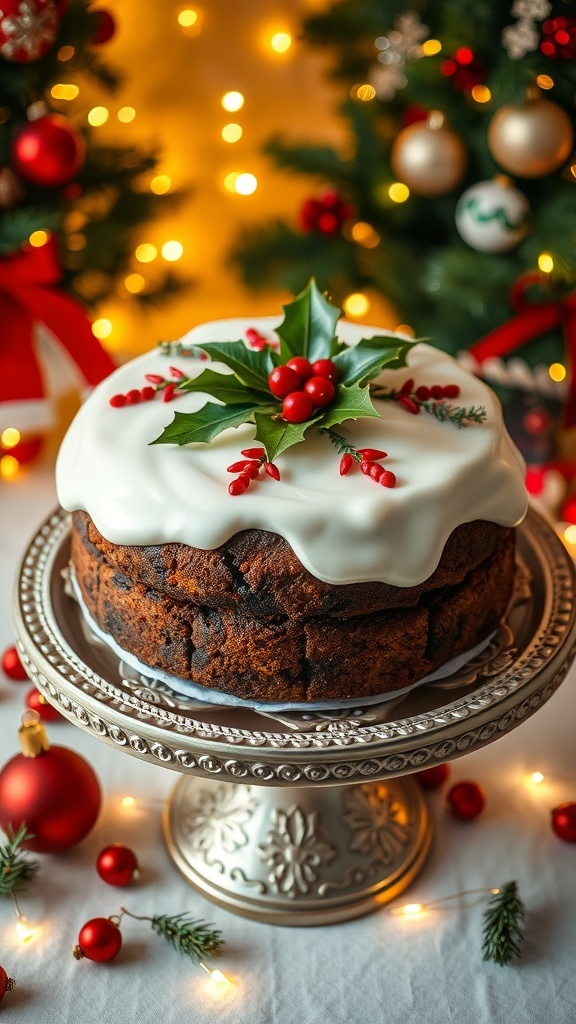 Traditional English Christmas Cake Recipe A traditional English Christmas cake with white icing and festive decorations on a cake stand.
